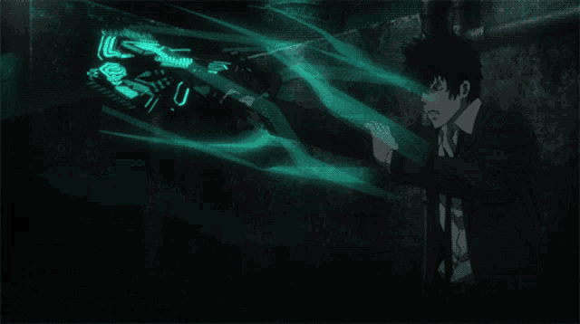 a man in a suit and tie is holding a gun in front of a glowing object