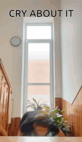 a person is laying on the floor in a hallway next to a window with the words `` cry about it '' written above them .