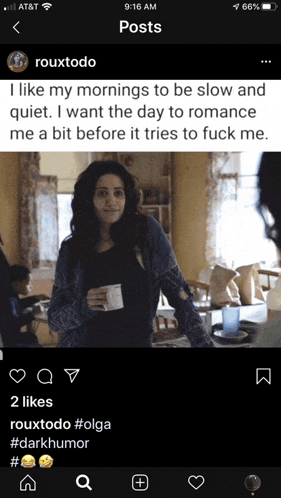 a picture of a woman holding a cup of coffee on a phone screen