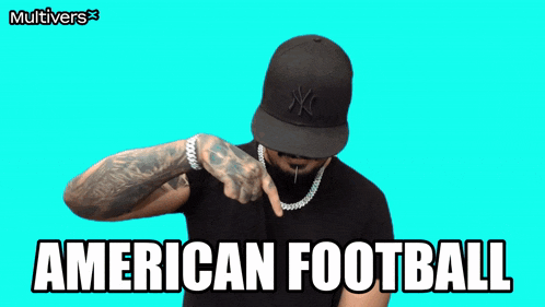 a man wearing a hat and a necklace with the words american football on the bottom