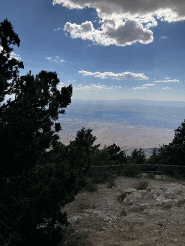 a view of the desert from a fenced in area with trees in the foreground