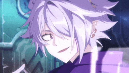 a purple haired anime character with white eyes