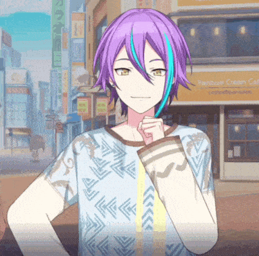 a boy with purple hair and blue streaks stands in front of a rainbow cream cafe