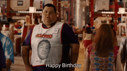a fat man wearing a costco apron says happy birthday