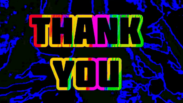 a colorful sign that says thank you on a blue and black background
