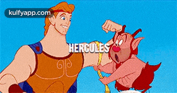 a cartoon of hercules standing next to a satyr