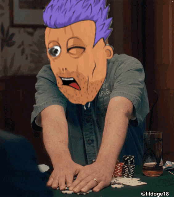 a man with purple hair is playing poker with a mask on his head