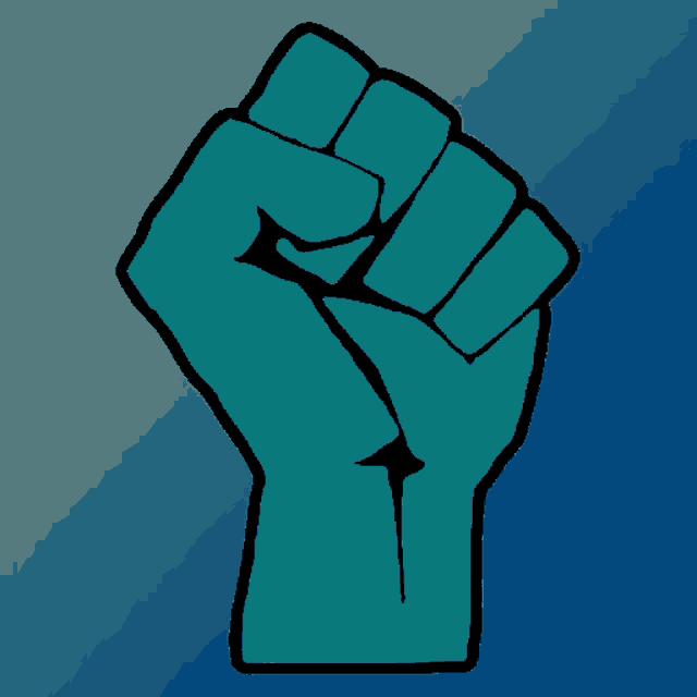 a blue fist with a black outline is on a blue background