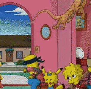 a cartoon of bart simpson and pikachu sitting in a room