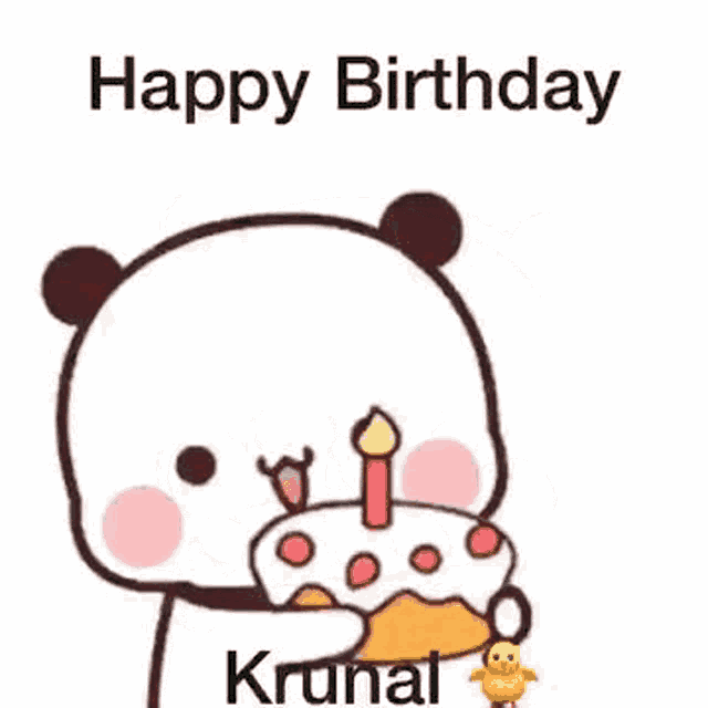 a cartoon panda bear is holding a birthday cake with a candle in it .