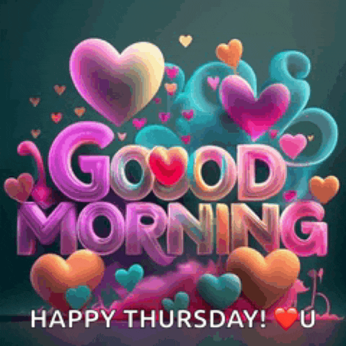 a poster that says good morning happy thursday with hearts and balloons