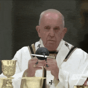 a priest is holding a black bird with a knife in its beak