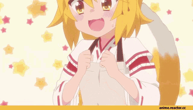 a cartoon girl with yellow hair is surrounded by stars and the words anime.reactor.cc