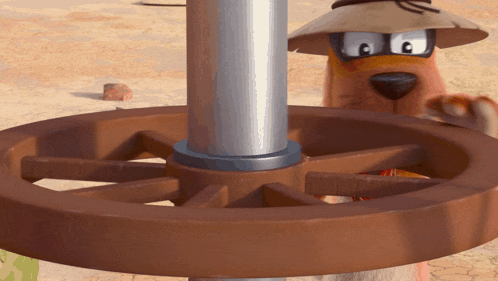 a cartoon dog wearing a straw hat stands next to a wheel
