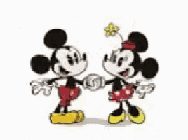 mickey mouse and minnie mouse are kissing and holding hands with a heart above them .