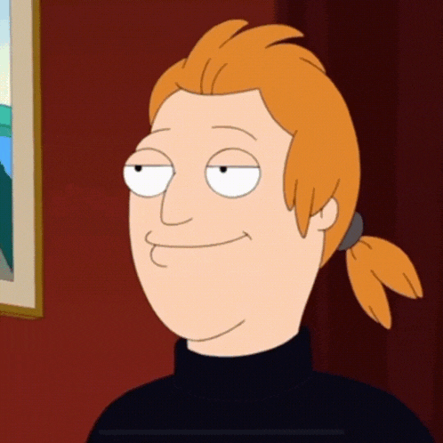 a cartoon character with red hair and a black turtleneck is smiling