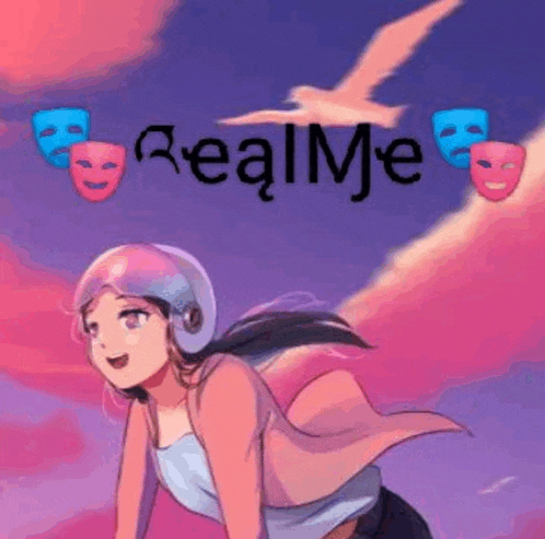 a girl wearing a helmet and headphones is standing in front of a realme logo .