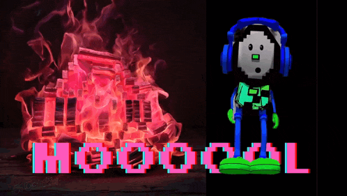 a cartoon character wearing headphones stands in front of a burning pile of coal and the word hog coal