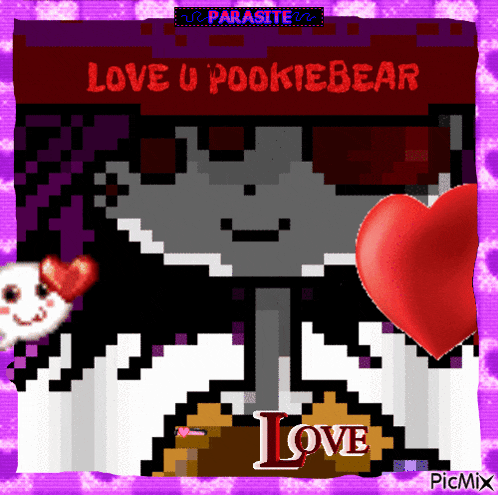 a pixel art says love u pookiebear with a heart
