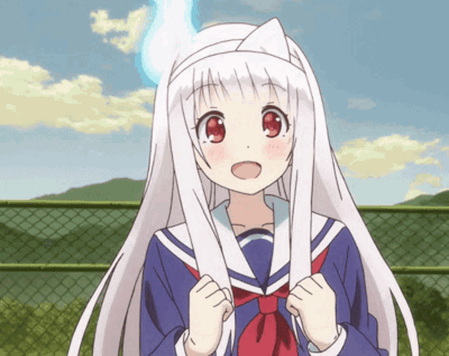 a girl with white hair and a cat ear on her head