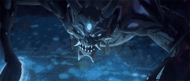 a person with a sword is fighting a monster with a medal hanging from it