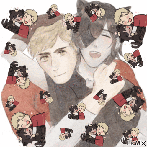 a drawing of two men hugging each other with picmix written on the bottom right