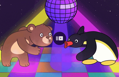 a teddy bear and a penguin are dancing in front of a disco ball