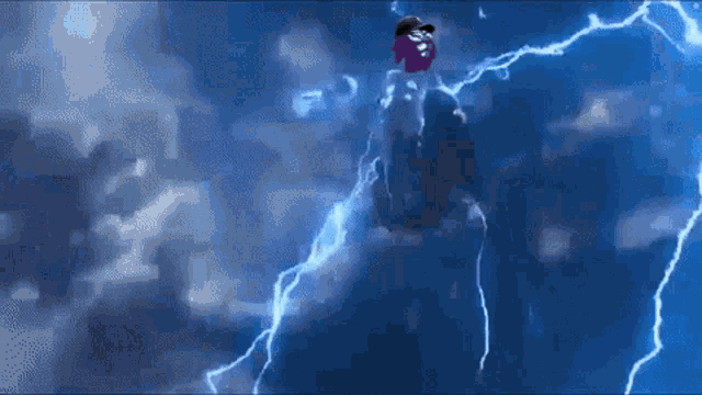 a cartoon character is flying through a lightning storm in the sky .