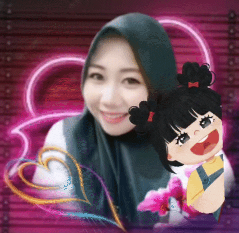 a girl in a hijab is smiling with a cartoon girl behind her