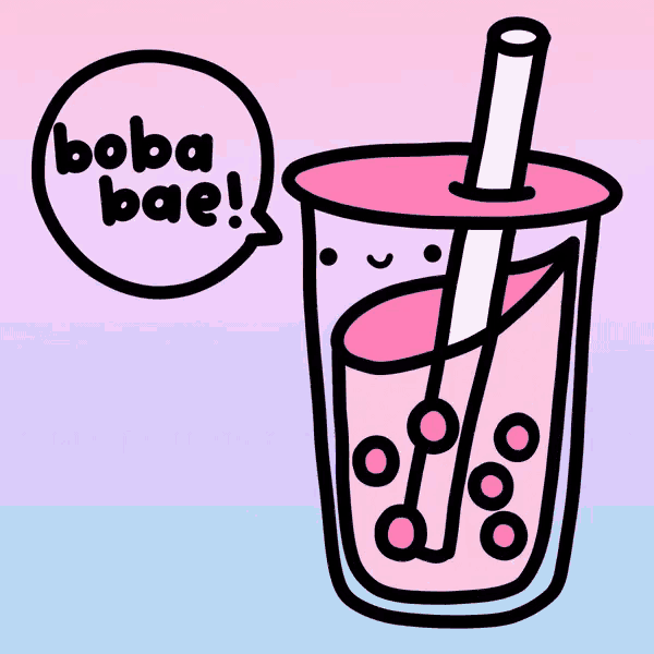 a cup of boba tea with a straw and a speech bubble saying boba bae