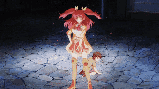 a girl with red hair stands next to a boy