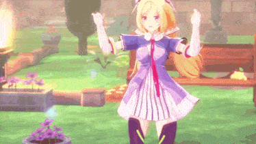 a girl in a purple and white dress is dancing in a garden