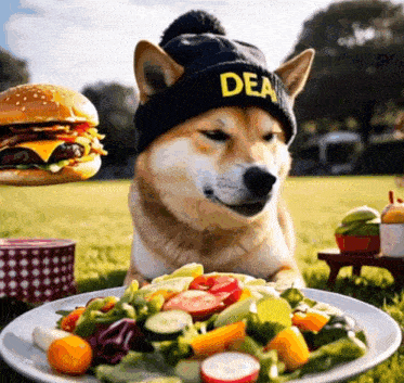 a dog wearing a beanie that says dea on it