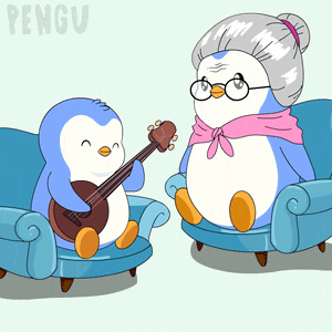 a penguin is playing a guitar to an older penguin