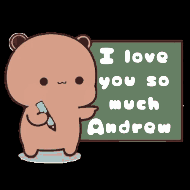 a teddy bear is holding a pencil and writing on a blackboard that says i love you so much andrew