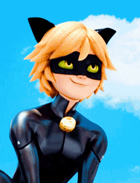 a cartoon character with cat ears and green eyes is wearing a black cat suit