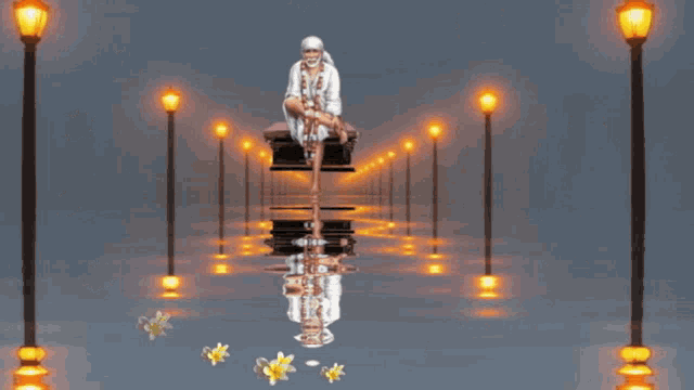 a painting of a man sitting on a box surrounded by flowers and lights