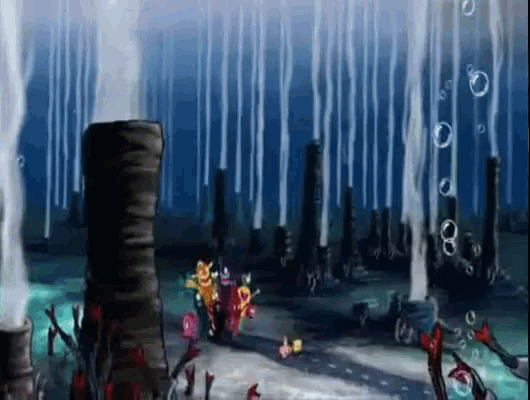 a cartoon scene of spongebob and his friends in the water