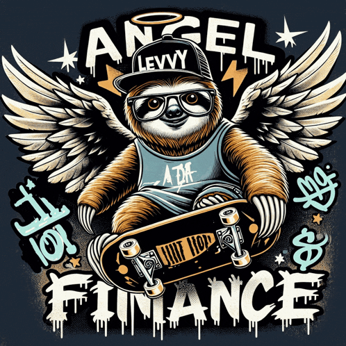 an illustration of a sloth on a skateboard with the words angel finance