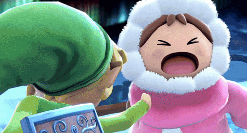 a cartoon character with a green hat is standing next to a cartoon character in a pink and white outfit