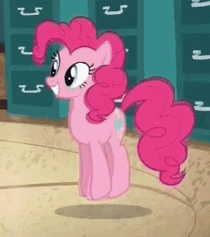pinkie pie is a pink pony from my little pony standing on a round table .