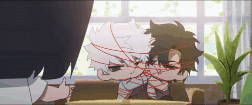 a couple of anime characters are tied together with red string