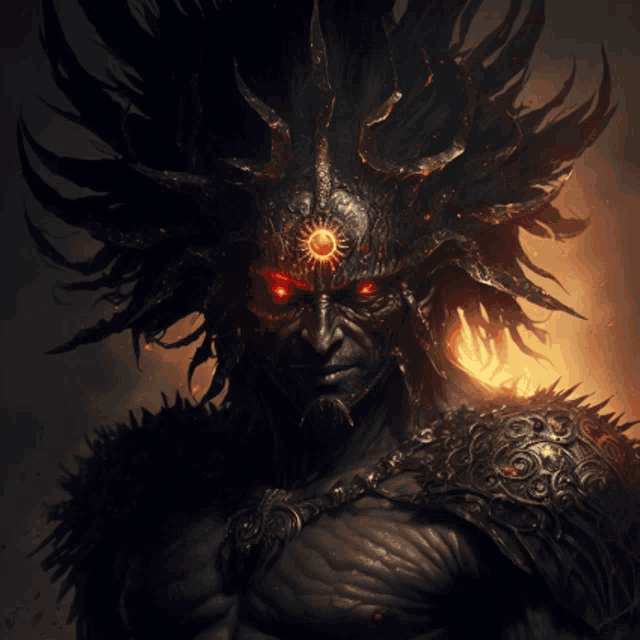 a demon with red eyes has a sun on his head