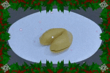 a pixel art of a fortune cookie on a plate with a christmas wreath surrounding it .