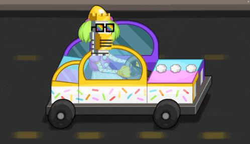 a cartoon character is driving a car with sprinkles on the side