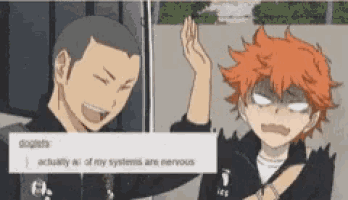 two anime characters are giving each other a high five while standing next to each other .