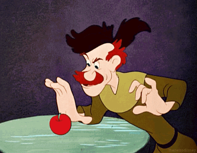 a cartoon of a man with a mustache reaching for an apple with the words theretodisney below him