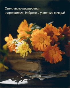 a bouquet of flowers sits on top of a book with russian writing