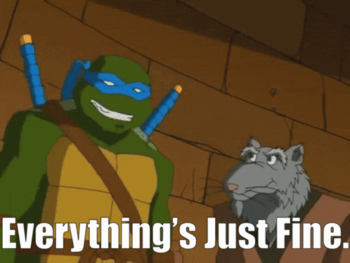 a teenage mutant ninja turtle and a splinter are standing next to each other with the caption everything 's just fine