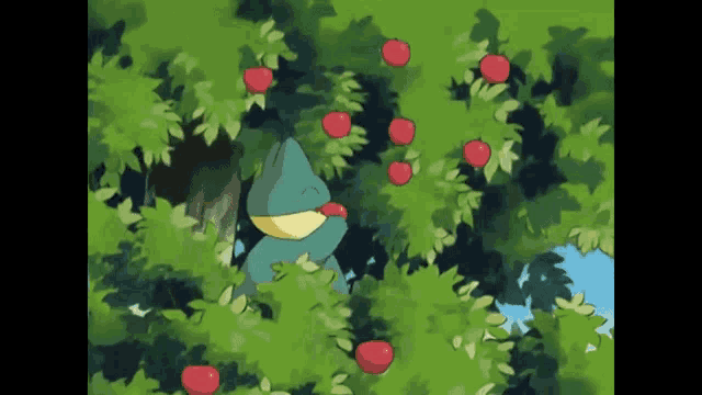 a cartoon drawing of a frog eating apples from a tree